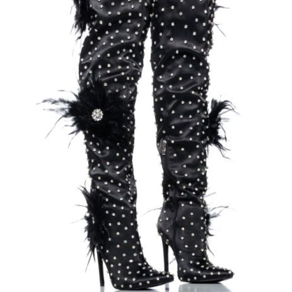 AZALEA WANG " TOP TIER " BLACK SATIN FEATHER FLOWER THIGH HIGH BOOT(BRAND NEW!!!